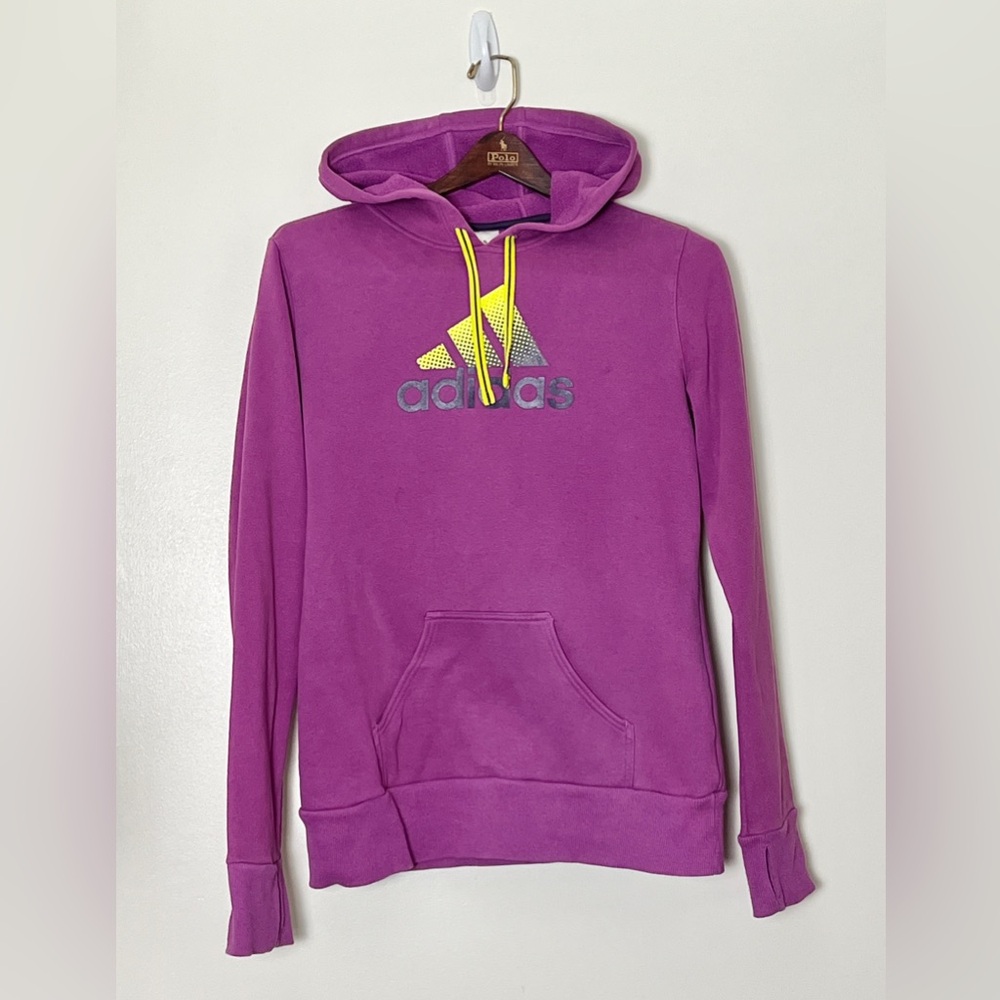 Adidas Hoodie Women’s Small Purple Lime Trefoil Logo Athleisure Workout Gym